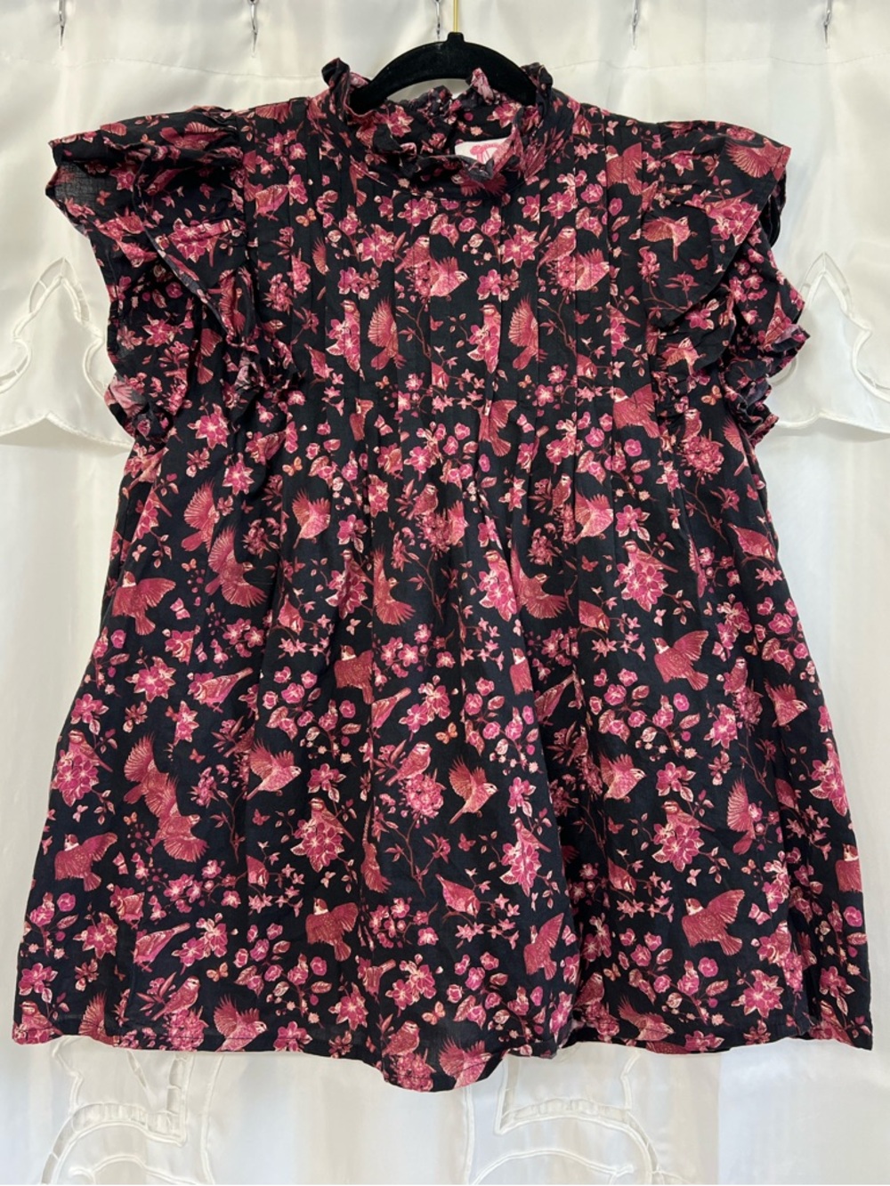 Victoria Dunn Chinoiserie Floral Bird Top Small Ruffle Sleeve High Neck Blouse